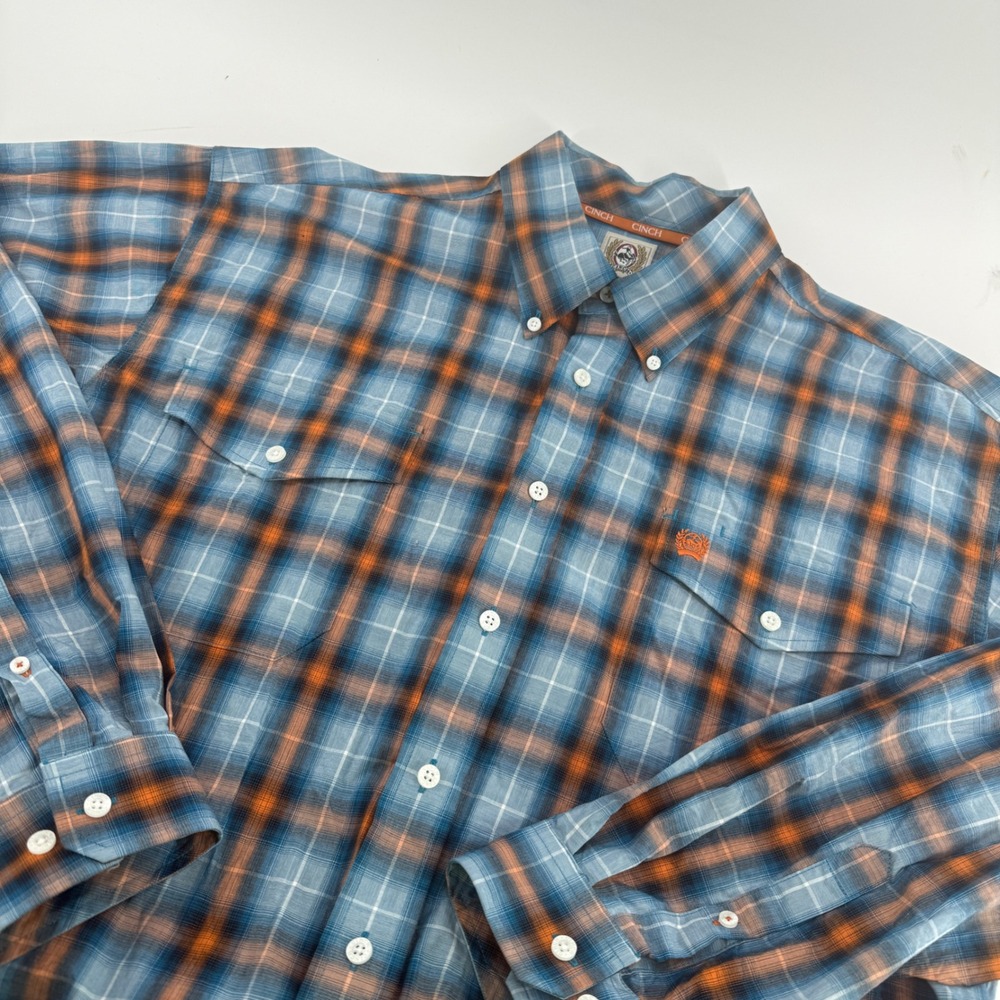 Cinch Mens Blue Orange Plaid Western Button Down Shirt MTW1107058 L